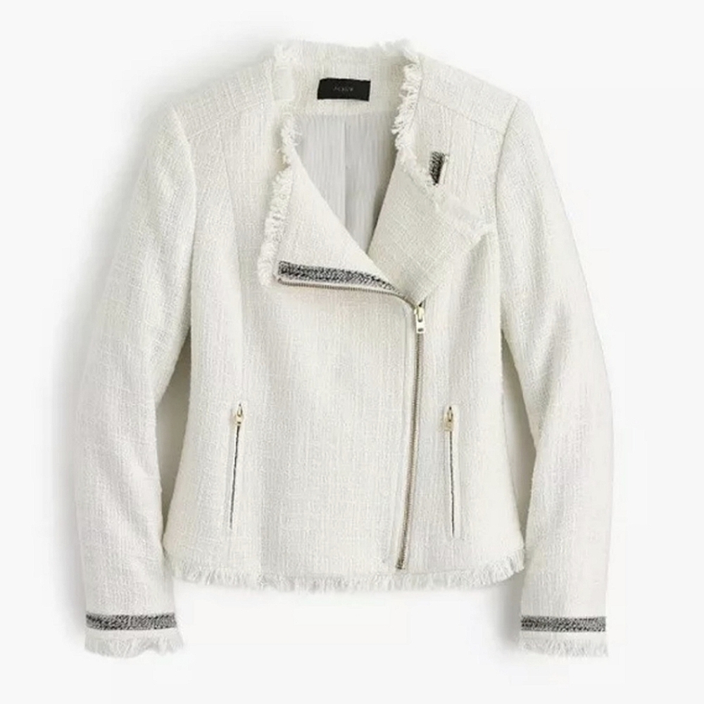 J.Crew Ivory White Tweed Fringe Blazer Motorcycle Jacket
